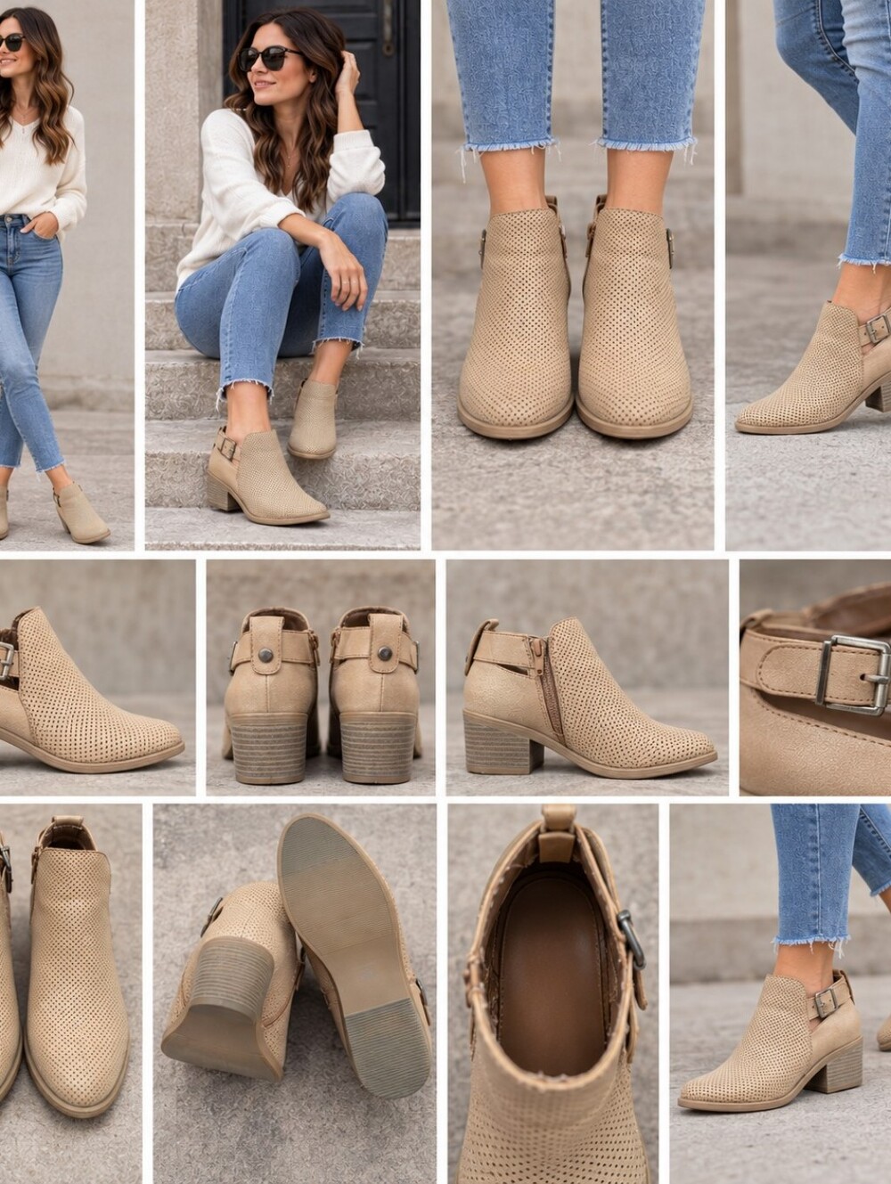 Soda Beige Perforated Ankle Booties with Buckle Accent